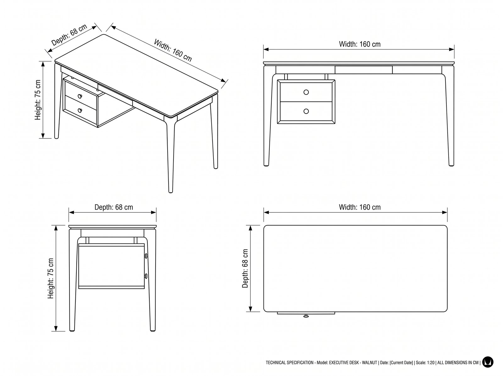 Nova Wood Office Desk technical dimensions drawing